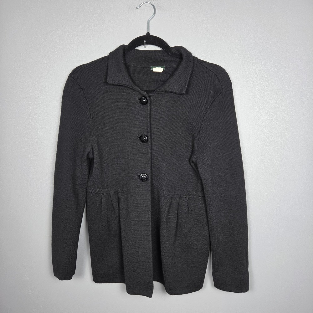 J.Crew Womens M Sweater Coat 100% Wool Peplum Cardigan Collared Knit Black